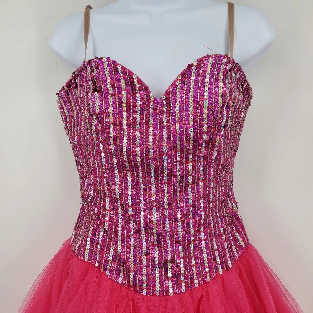 Jovani Hot Pink Sequin Tulle Fit Flare Party Dress Sweetheart 4 Hoco Prom Fomral - Picture 3 of 13